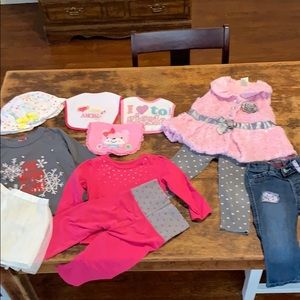 Bundle: 12 month girl clothes, bibs, and sun hat